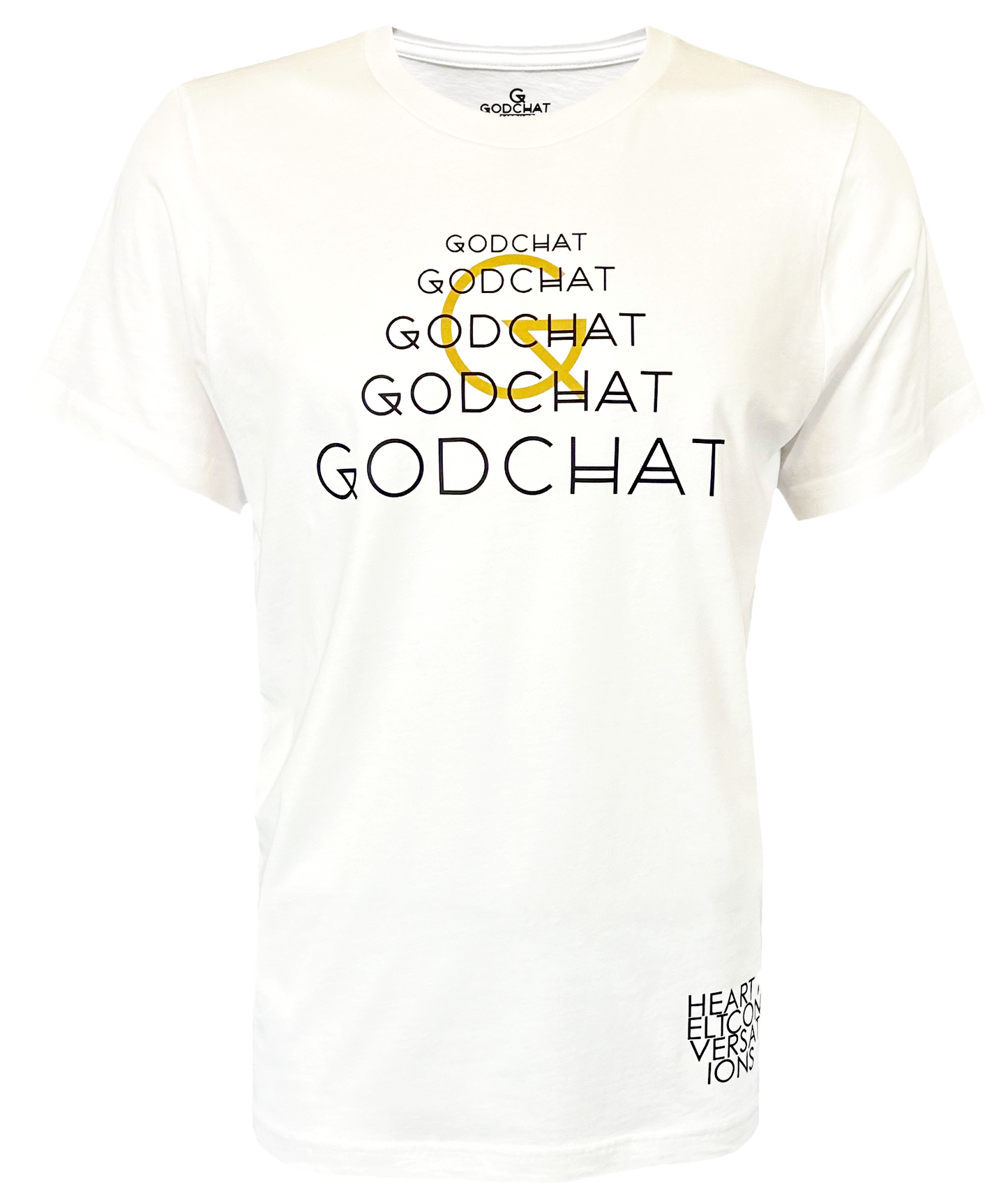 White, short sleeved faith-based God t-shirt. Has the brand Godchat written on front multiple times. The design is tan and black. In the lower right corner it says heartfelt conversations. Front view. Christian clothing