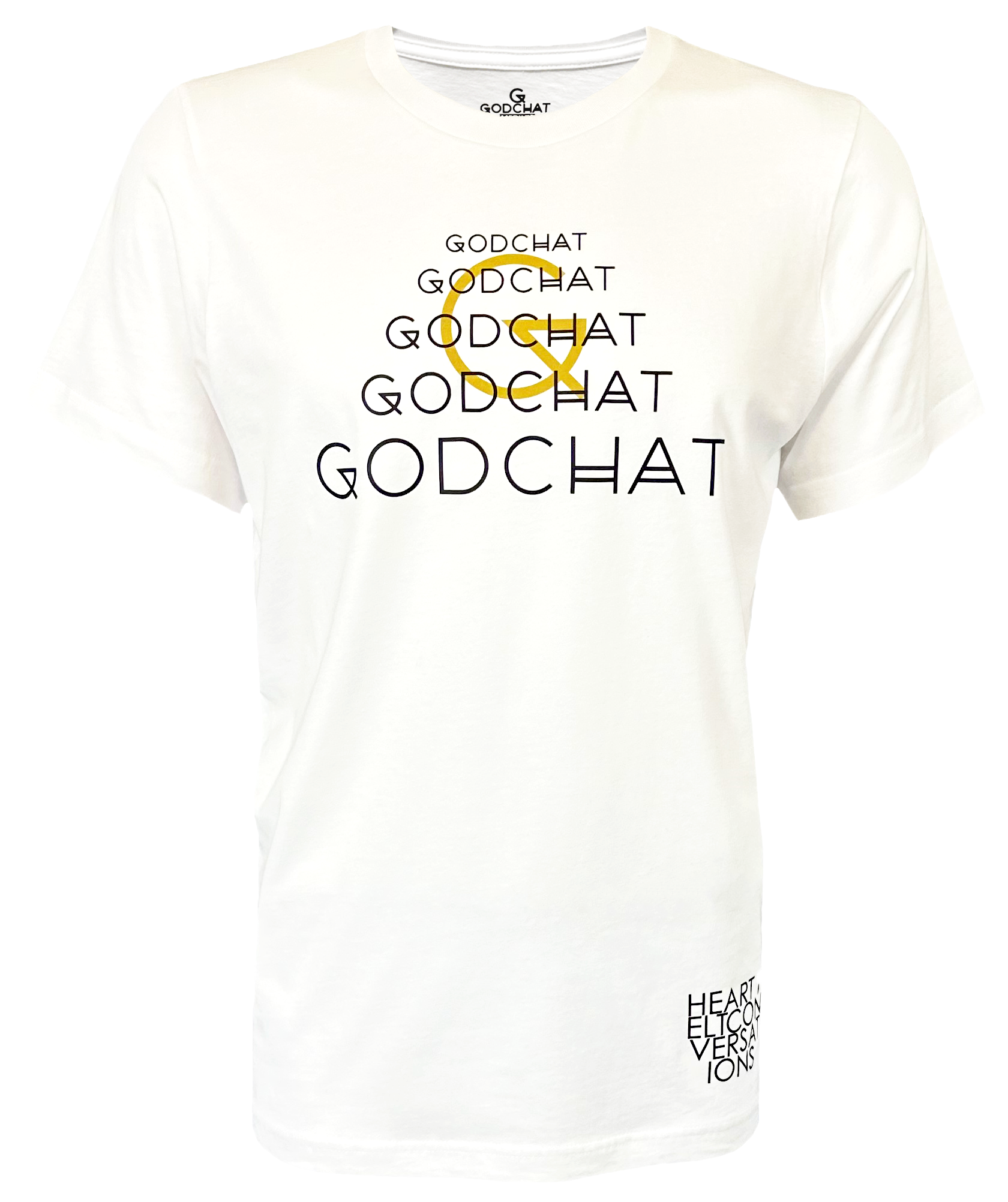 White, short sleeved faith-based God t-shirt. Has the brand Godchat written on front multiple times. The design is tan and black. In the lower right corner it says heartfelt conversations. Front view. Christian clothing