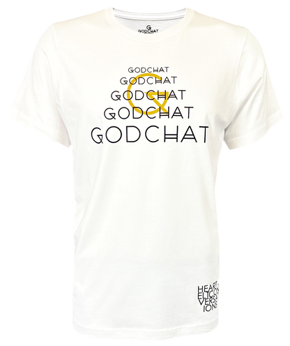 White, short sleeved faith-based God t-shirt. Has the brand Godchat written on front multiple times. The design is tan and black. In the lower right corner it says heartfelt conversations. Front view. Christian clothing